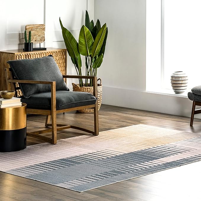 nuLOOM Lennie Modern Multi Striped Machine Washable Ultra Thin Area Rug, 3' x 5', Beige