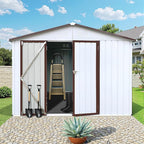 Sheds & Outdoor Storage 8 ft × 10 ft Storage Shed Large Classic Apex Roof Metal Garden Storage Sheds with Hinged Door Tool Cabinet for Backyard, Patio, Poolside, White + Coffee