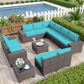 Patio Furniture Set Sofa 12-Pieces Wicker Sectional Sofa Set, Outdoor Furniture Rattan Patio Conversation Set with Thickened Cushions and Glass Coffee Table, Blue