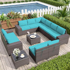 Patio Furniture Set Sofa 12-Pieces Wicker Sectional Sofa Set, Outdoor Furniture Rattan Patio Conversation Set with Thickened Cushions and Glass Coffee Table, Blue