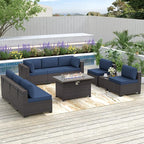 Patio Furniture Sectional Sofa 10PCS PE Rattan Patio Conversation Set w/43in Gas Fire Pit Table, Patio Outdoor Furniture with 55000 BTU Propane Fire Pit, Navy Blue