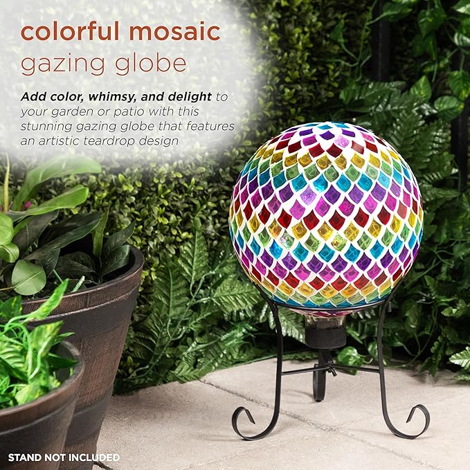 Alpine Corporation - Outdoor Glass Gazing Globe with Mosaic Teardrop Design -10 Inch Diameter, Multicolor