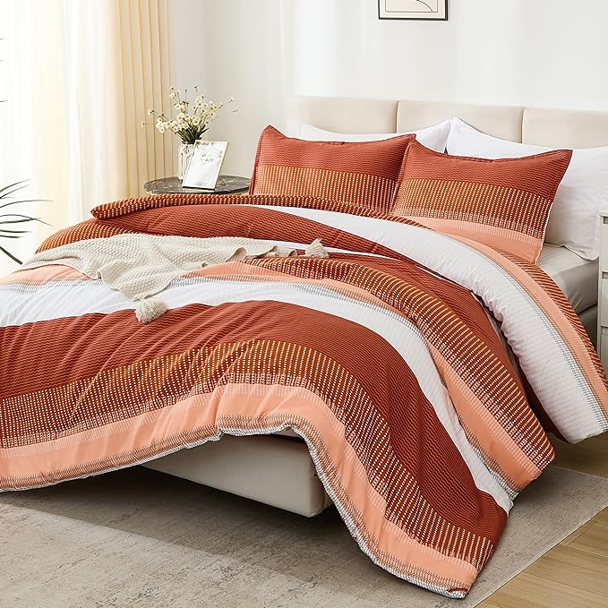 Litanika Burnt Orange Comforter Sets for Queen Bed, 3 Pieces Boho Terracotta Stripe Colorblock Bedding Comforter Set, Rust Fluffy Bed Set (90x90In Comforter, 2 Pillowcases)