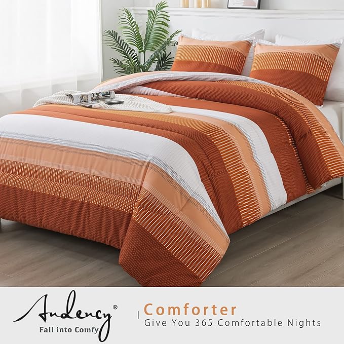 Andency Stripe Comforter Set Full Size (79x90 Inch), 3 Pieces Terracotta Patchwork Striped Comforter, Soft Microfiber Down Alternative Comforter Bedding Set with Corner Loops