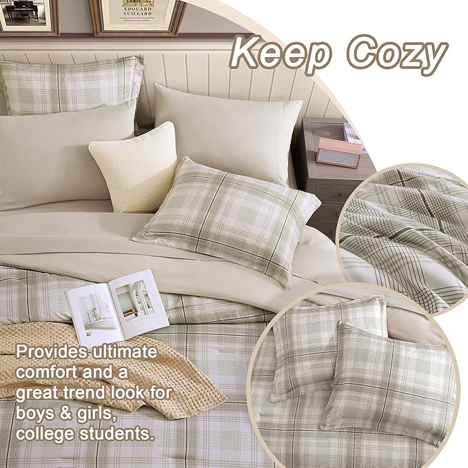 Beige Comforter Full Size, Khaki Green Plaid Full Size Comforter Sets for Boys & Girls,Classic Homestead-style Bedding Sets Full with Full Size Bed Sheets and Comforter Set