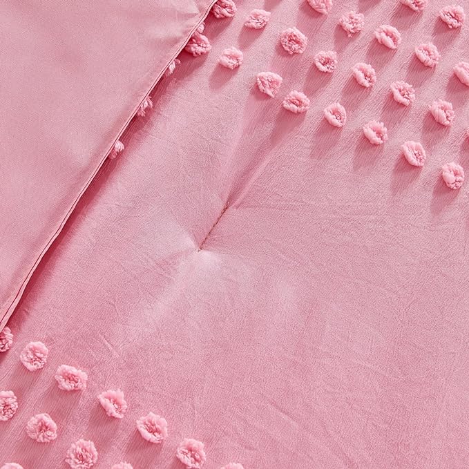 ENJOHOS Girls Full Size Comforter Bedding Sets Pink, 3 PCS Boho Comforter with Tufted Dots, Shabby Chic Bedding Comforter for All Season, Lightweight Fluffy Microfiber Comforter with 2 Pillowcases