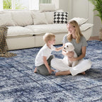 8x10 Washable Area Rug for Living Room Bedroom: Non-Slip Modern Navy Blue | Machine Washable TPR Backing, Stain-Resistant Low Pile, Pet & Kid Friendly, Abstract Decor for Dining Room, Dorm, Home Office