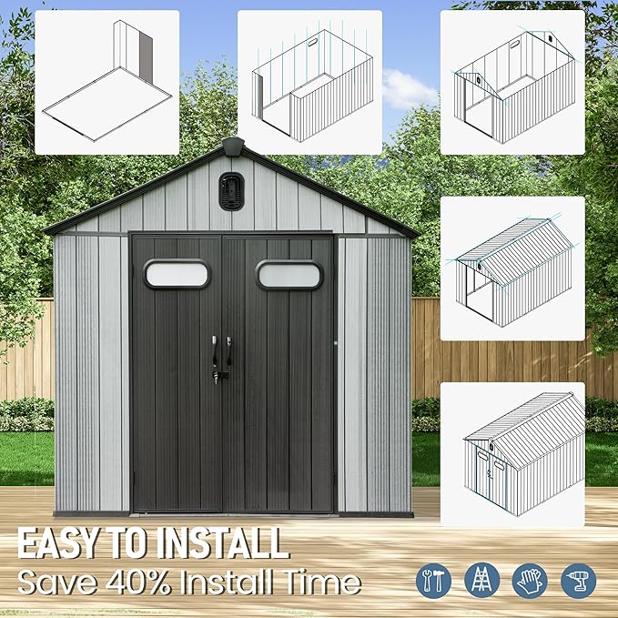 Domi 8x12 FT Outdoor Resin Storage Shed, All-Weather Double-Wall Storage Building for Backyard, Garden, Lawn Tools, Mower, Bike & Pool Equipment, Lockable Doors, Ventilated Roof, Grey