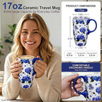 Topadorn Set of 2 Ceramic Travel Mugs with Lids, Coffee Mug | Butterfly & Hydrangea Mug Gift Set, 17oz Floral Coffee Cups, Microwave & Dishwasher Safe, Gift Box Included