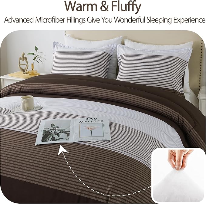 Andency Stripe Comforter Set King Size (104x90 Inch), 3 Pieces Brown Patchwork Striped Comforter, Soft Microfiber Down Alternative Comforter Bedding Set with Corner Loops