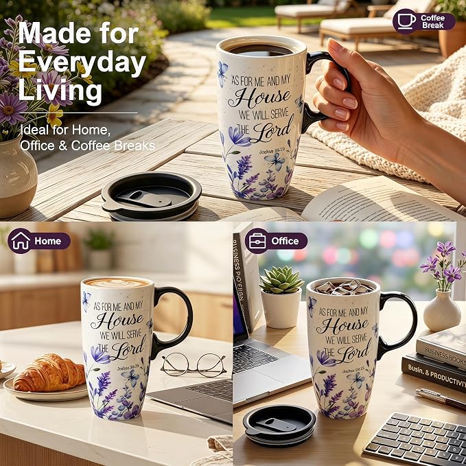 Topadorn 17oz Ceramic Travel Mug with Lid, Christian Floral Coffee Mug | Christian Coffee Mug with Handle, Joshua 24:15 Floral Design, Splash-Resistant Lid, Microwave & Dishwasher Safe, Gift Box