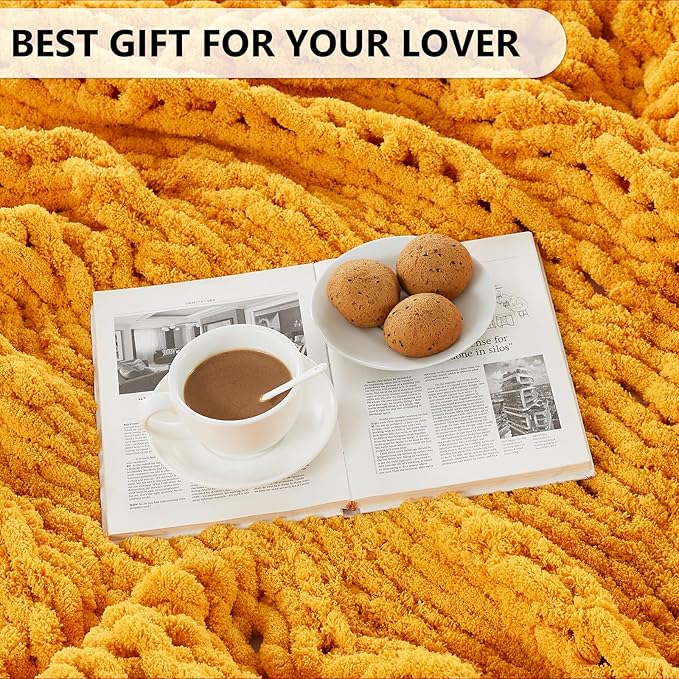 L'AGRATY Chunky Knit Blanket Throw: 80''x90'' Chenille Chunky Knitted Throw Blanket for Bed Couch - Handmade Thick Big Cable Knit Blanket - Large Chunky Crochet Rope Blanket for Home Decor(Yellow)