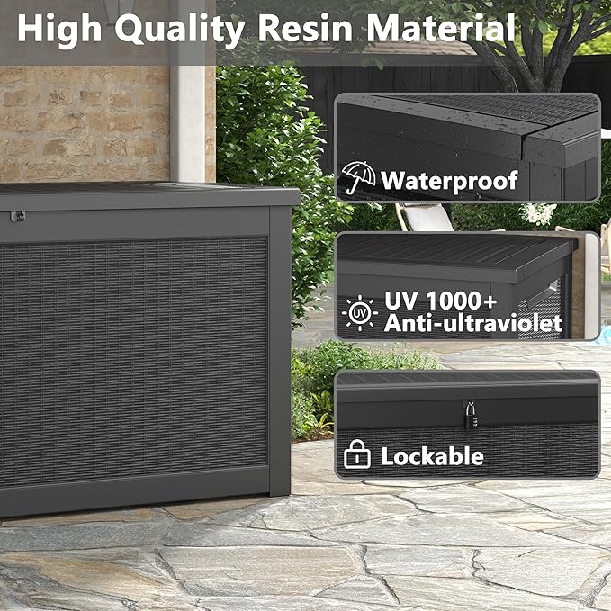 260 Gallon Resin Deck Box, Large Indoor and Outdoor Storage Box, Weatherproof and UV Resistant Outdoor Storage Box with Built-in Steel Beams for Patio Cushions, Pool Supplies