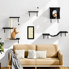 12-in-1 Cat Wall Shelves, Modern Wall-Mounted Cat Furniture, Wooden Climber Includes House, Bridge, Tree, Steps, and Scratcher, Space-Saving Cat Climbing Wall Systems, Black