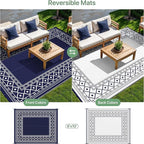 GENIMO Outdoor Rug Waterproof for Patio Decor, 8'x10' Foldable Reversible Plastic Straw Carpet for Travel Trailers, Outside Area Mat for Rv, Deck, Picnic, Porch, Camper, Balcony, Beach, Blue & White
