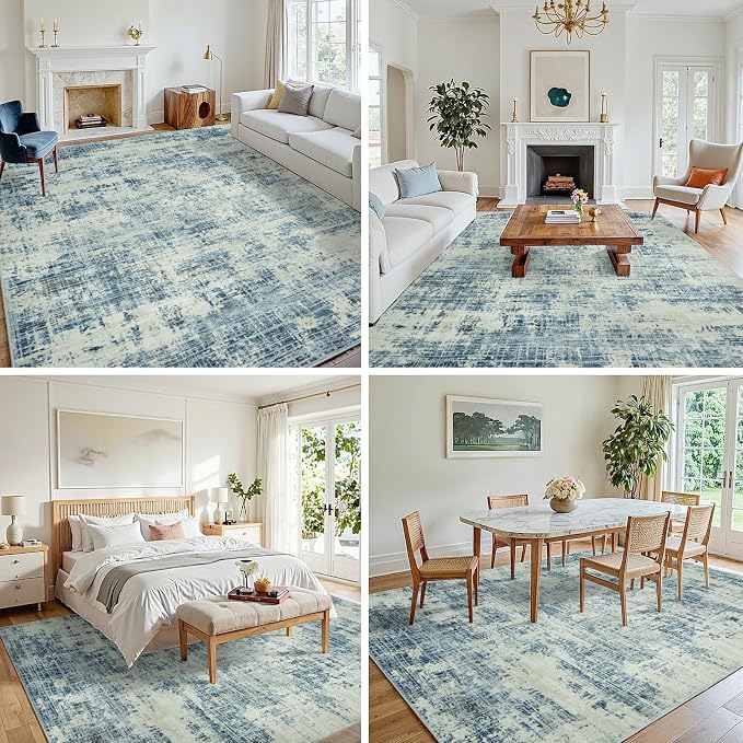 6x9 Washable Area Rug for Living Room Bedroom: Non-Slip Modern Blue Gray | Machine Washable TPR Backing, Stain-Resistant Low Pile, Pet & Kid Friendly, Abstract Decor for Dining Room, Dorm, Home Office