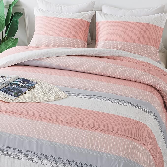 Andency Stripe Comforter Set King Size (104x90 Inch), 3 Pieces Pink Patchwork Striped Comforter, Soft Microfiber Down Alternative Comforter Bedding Set with Corner Loops