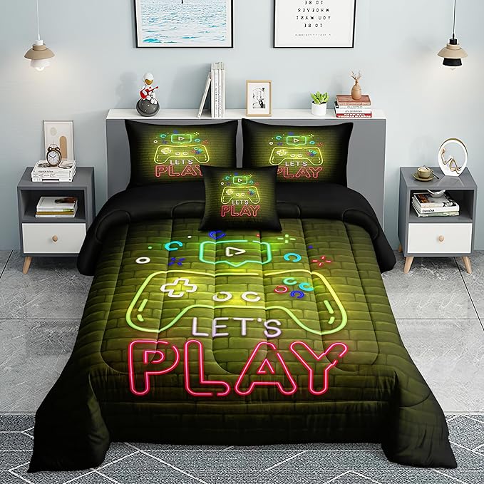 Gamer Comforter Sets,6 PCS Gaming Bedding Set for Boys,Kids Comforter Sets for Boys,Twin Comforter Sets for Boys,Bed in A Bag with Sheets(Twin,Yellow Color)