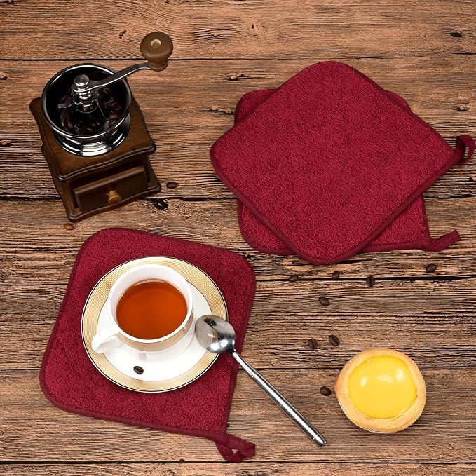 100% Cotton Kitchen Everyday Basic Terry Pot Holder Heat Resistant Coaster Potholder for Cooking and Baking Set of 5 Wine