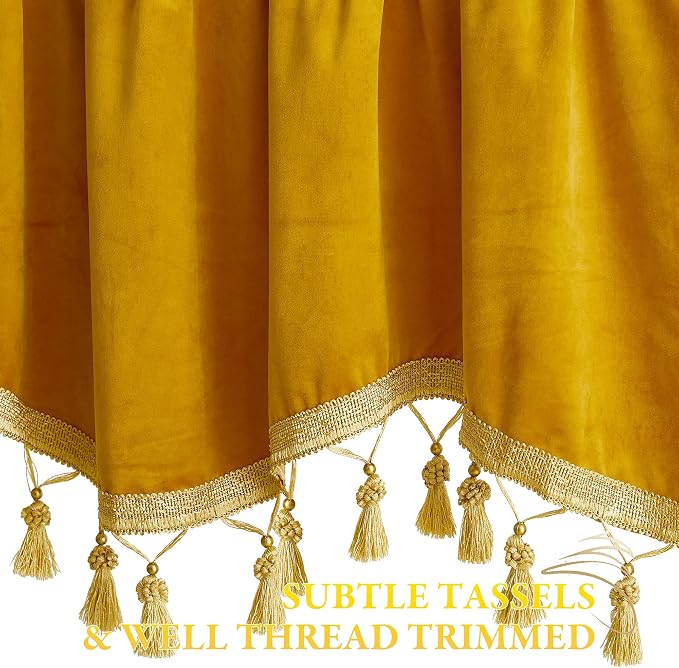 Warm Gold Autumn Tassel Velvet Valances Curtains 52x18 Inch 2 Panels | Rod Pocket Scalloped Tier Curtains, Light Dimming Privacy Protect Window Drapes for Cafe, Holiday Fall Decor