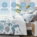 Coastal Bedding King Size Coastal Quilt with 2 Shams, Nautical Beach Comforter Sets Ocean Bedspreads Blue Seahorse Coverlet Summer Bedding, 96''x106''