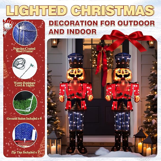 5FT Lighted Nutcracker with Drum for Christmas Decoration, Pre-Lit 3D Iridescent Soldier Xmas Decor with 100 Warm White Lights, Glittered Standing Holiday Display for Outdoor, Indoor
