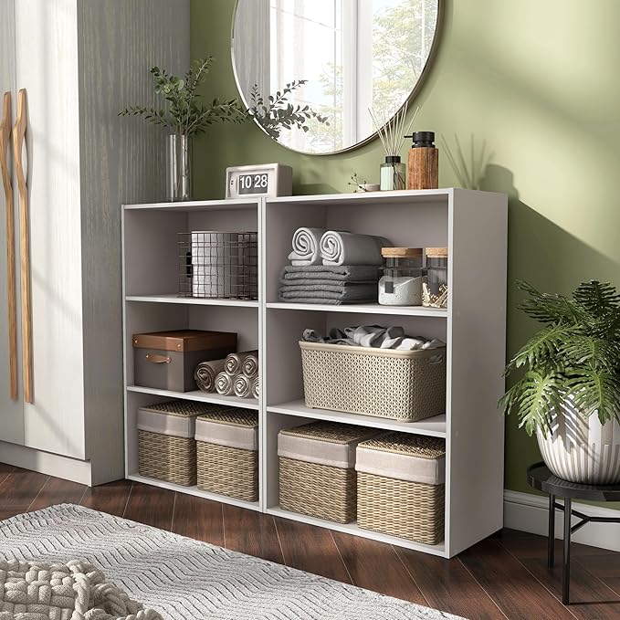 Apexa 3-Tier Cube Storage Organizer Shelves, Stackable Wood Bookcase Fits Cubby Bins for Organization, Dorm Teen Room Decor & Home Office, Greige