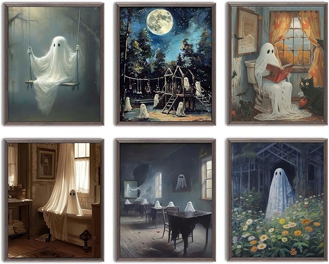 LANCHI95 6 Pcs 8x10in Halloween Wall Art Prints, Vintage Posters, Cute Ghost Pictures for Bedroom Decor (UNFRAMED)