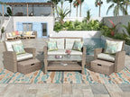 Set, 4 Piece Outdoor Wicker Rattan Sectional Sofa with Glass Table, Ottoman and Soft Cushions, Front Porch Apartment Patio Furniture for Backyard Lawn Garden, E-Beige b