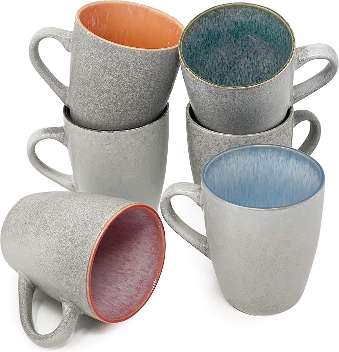 BTaT- Porcelain Coffee Mugs Set, 12 oz (350ml), 6 Pack, Ceramic Coffee Mugs, Matte White Outside and Colorful Inside, Restaurant Cups for Tea, Cappuccino, Cocoa, Cereal, Mug Gift Set, Dishwasher Safe