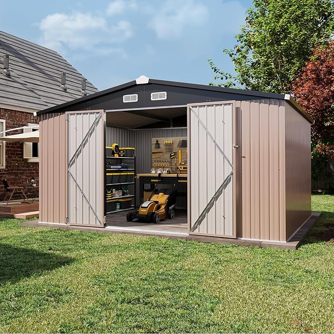 Aoxun 12'x10' Outdoor Metal Storage Shed with Lockable Door & Sloping Roof- Ideal for Tools, Garden Equipment & Bikes, Perfect for Patio Placement(Brown)