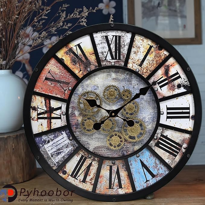 Unique Moving Gear Extra Large Wall Clock 21"-Battery Powered. Retro Industrial Steampunk Country Farmhouse Decor for Living Room, Kitchen,Bars, Restaurants, cafes, Offices(Black- 21")