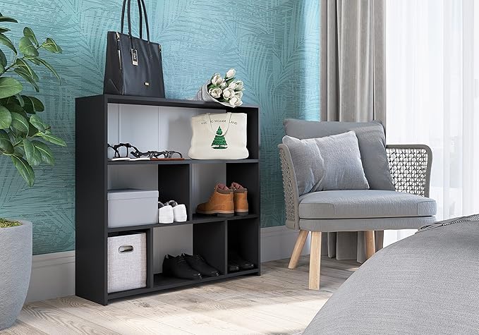 Art in Moveis Mid Century Modern Bookshelf, 6 Cube Storage Shelf - 3 Tier Retro Bookshelf CARB-Free Engineered Wood - Black