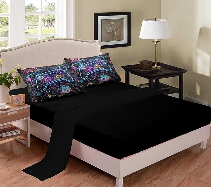 NINENINE Gaming Bedding Sets for Boys 5PCS Queen Size Comforter Gamer Contoller Video Bed in A Bag Kids Teens Black Bedding Comforter Sheet Set(1Comforter, 1Flat Sheet, 1Fitted Sheet, 2Pillowcases)