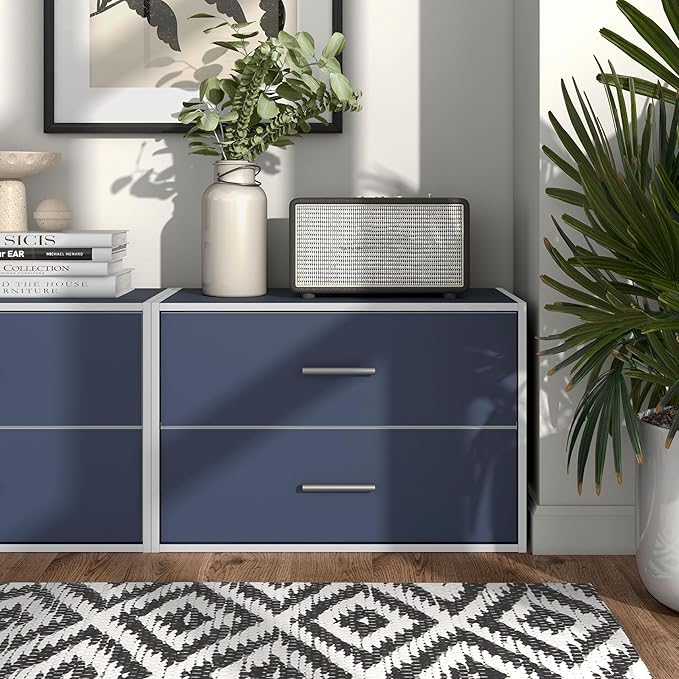Apexa 2-Drawer Wooden Stackable Storage Drawers, Small Food Pantry Cabinet, Cajonera De Madera, Underbed Drawer Dorm Teen Room Decor & Bedroom, Home Office, Kitchen, Steel Blue