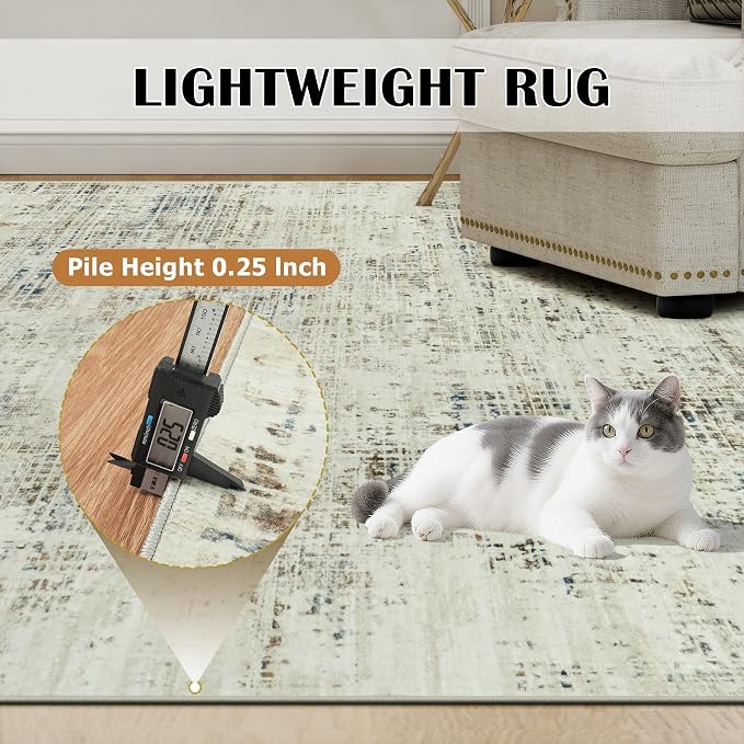 10x12 Washable Area Rug for Living Room Bedroom: Non-Slip Modern Gray White | Machine Washable TPR Backing, Stain-Resistant Low Pile, Pet & Kid Friendly, Abstract Decor for Dining Room, Dorm, Home Office