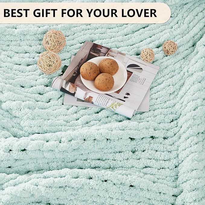 L'AGRATY Chunky Knit Blanket Throw: 50''x60'' Chenille Chunky Knitted Throw Blanket for Bed Couch - Handmade Thick Big Cable Knit Blanket - Large Crochet Rope Blanket for Home Decor(Mint Green)
