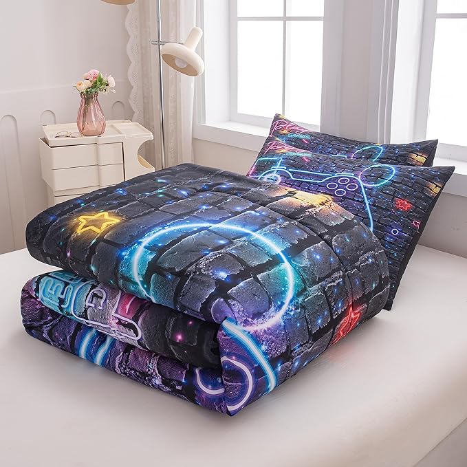 NINENINE 5PCS Gamer Bedding Sets,Twin Size Bedding Set for Boys,Twin Comforter Sets for Boys,Boys Twin Bedding Sets(1Comforter, 1Flat Sheet, 1Fitted Sheet, 2Pillowcases)