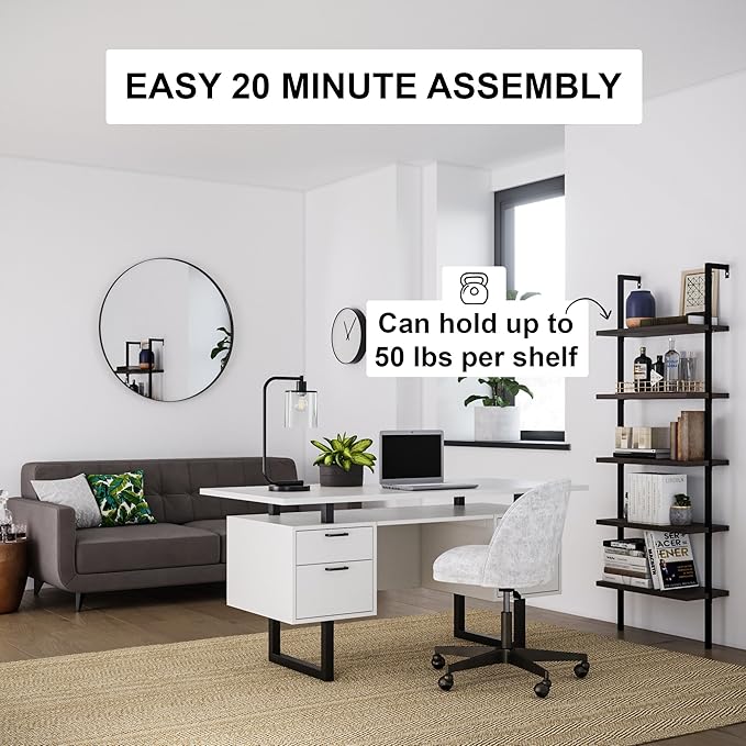 Nathan James Theo 5-Shelf Wood Modern Bookcase, Open Wall Mount Ladder Bookshelf with Industrial Metal Frame, Dark Brown Nutmeg/Black