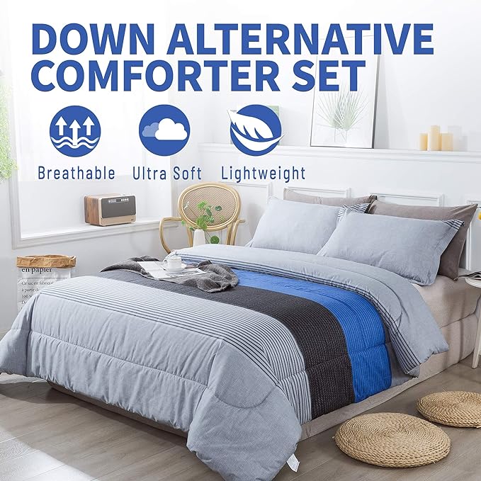 Andency Stripe Comforter Set Queen Size (90x90 Inch), 3 Pieces Gray and Blue Patchwork Striped Comforter, Soft Microfiber Down Alternative Comforter Bedding Set with Corner Loops