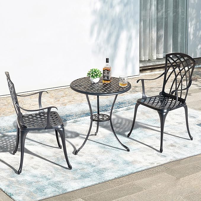 NUU GARDEN Bistro Set 3 Piece Outdoor All Weather Cast Aluminum Patio Bistro Set Patio Table and Chairs Set of 2 with Umbrella Hole for Backyard, Balcony, Front Porch, Lawn, Black