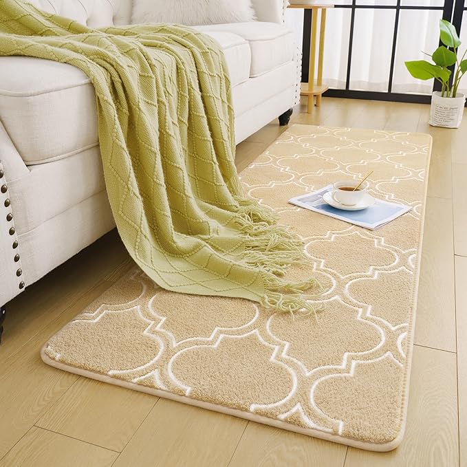 Chicrug Shag Geometric 2x6 Runner Rug for Bedroom, Modern Memory Foam Indoor Hallway Runner Carpet, Fluffy Rug for Living Room Bedside Room Decor for Family, Beige/White
