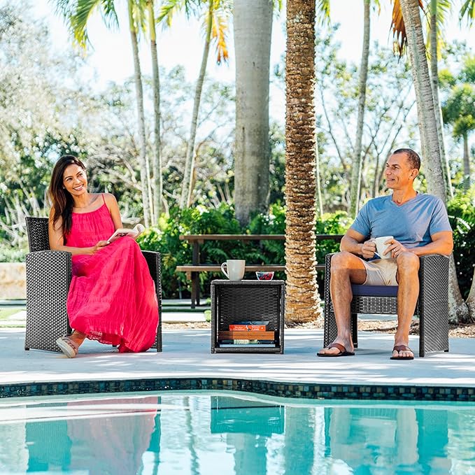 Nestl Wicker Outdoor Furniture Set - 3 Piece Patio Bistro Set (Grey/Navy)