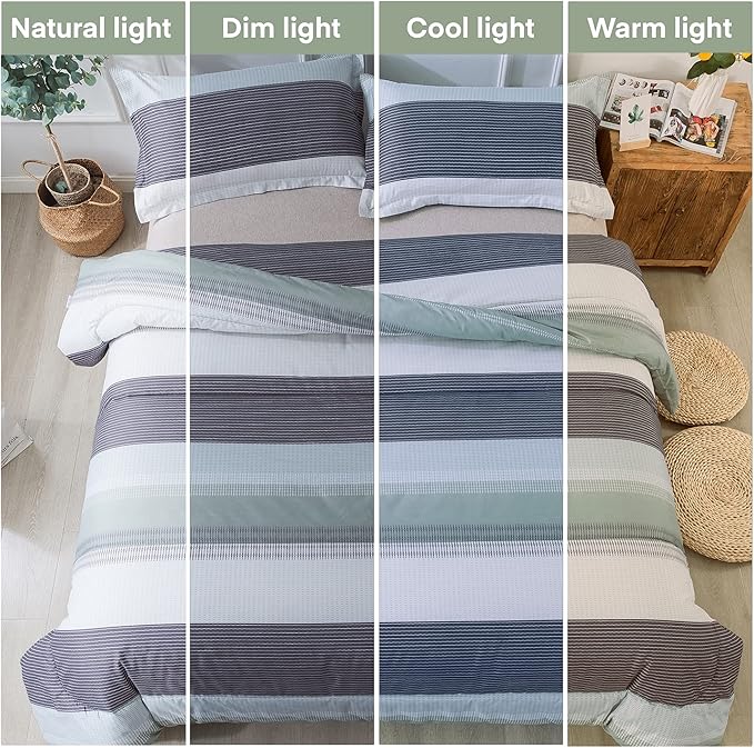 Andency Stripe Comforter Set Full Size (79x90 Inch), 3 Pieces Mint Green Patchwork Striped Comforter, Soft Microfiber Down Alternative Comforter Bedding Set with Corner Loops