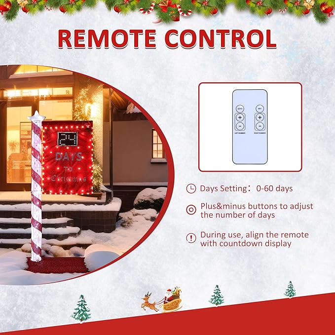 5FT Lighted Christmas Countdown Sign, Remote Control Available Within 0-60 Days, Holiday Countdown Sign Decor with 125 LED Lights, Freestanding Glittered Holiday Display for Outdoor, Indoor