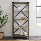 Walker Edison Andersen Urban Industrial Metal X Back 4 tier Bookshelf, 64 Inch, Grey Wash