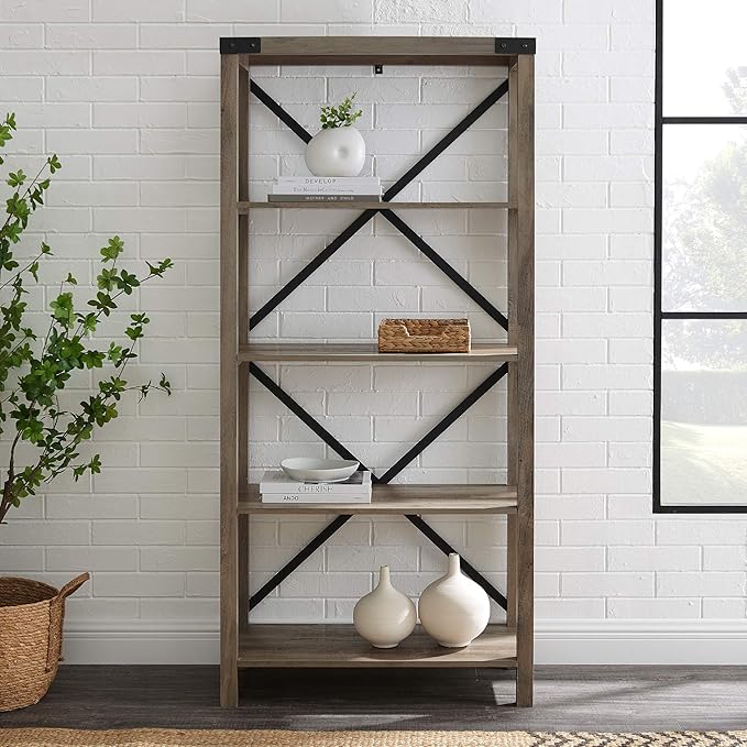Walker Edison Andersen Urban Industrial Metal X Back 4 tier Bookshelf, 64 Inch, Grey Wash