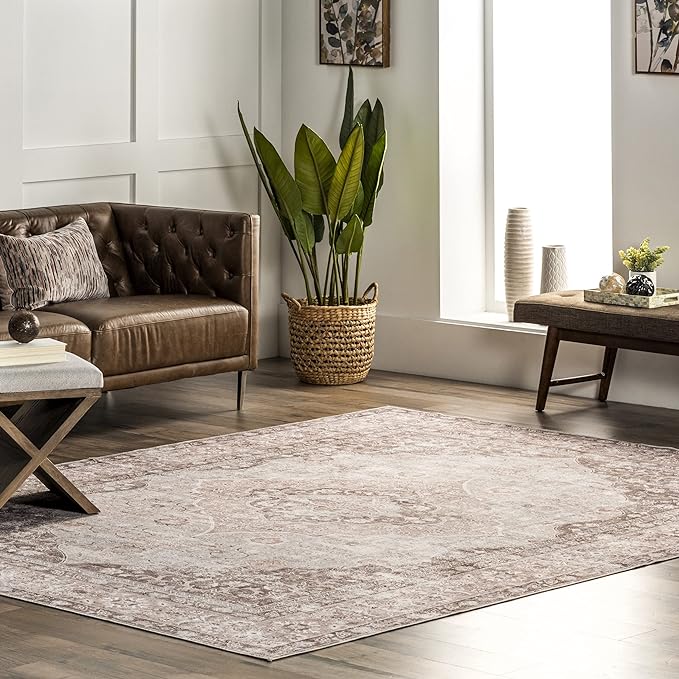 nuLOOM Elsa Floral Blossom Machine Washable Ultra Thin Area Rug, 4' x 6', Beige