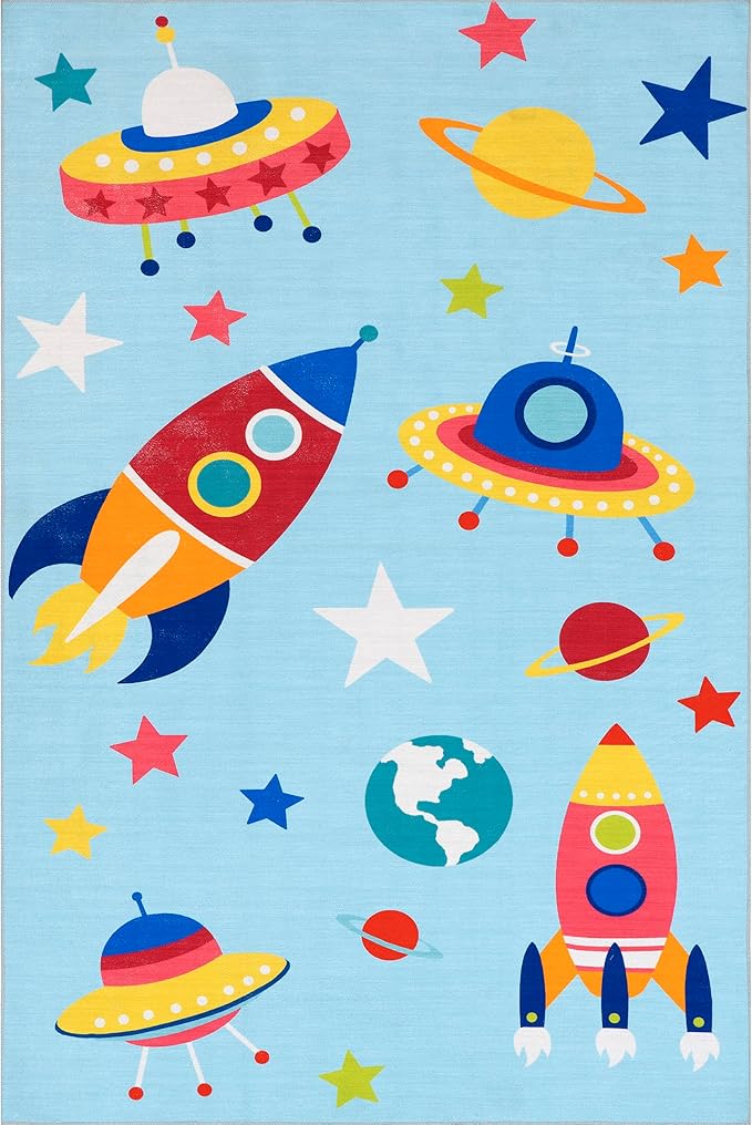 nuLOOM Eddie Outer Space Machine Washable Kids Ultra Thin Area Rug, 3' x 5', Light Blue Multi