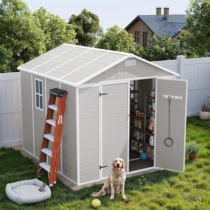 UDPATIO Resin Storage Shed 8 x 8 FT, Outdoor Garden Sheds with Floor Plastic Patio Outdoor Storage Shed with Lockable Door, Sandstone